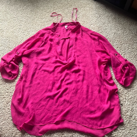 Tops - Dots pink short sleeve satin blouse womens size 3XL v neck Roll Cuff